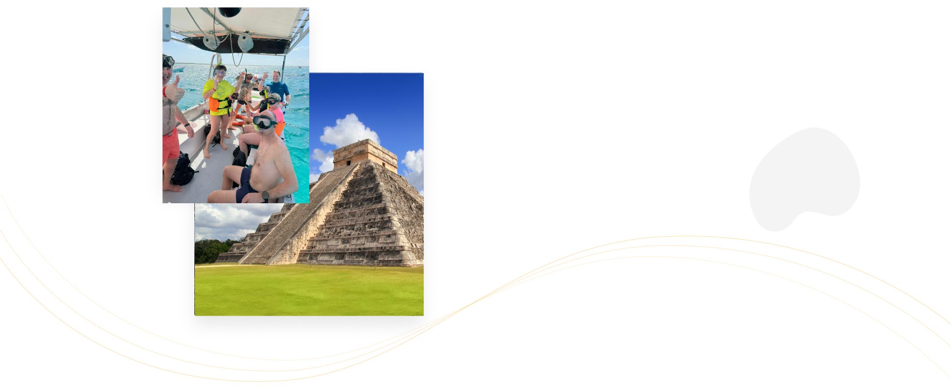 Travelers on a boat and the Chichen Itza pyramid